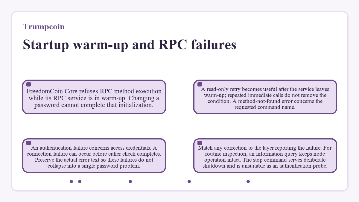 Trumpcoin: Startup warm-up and RPC failures
